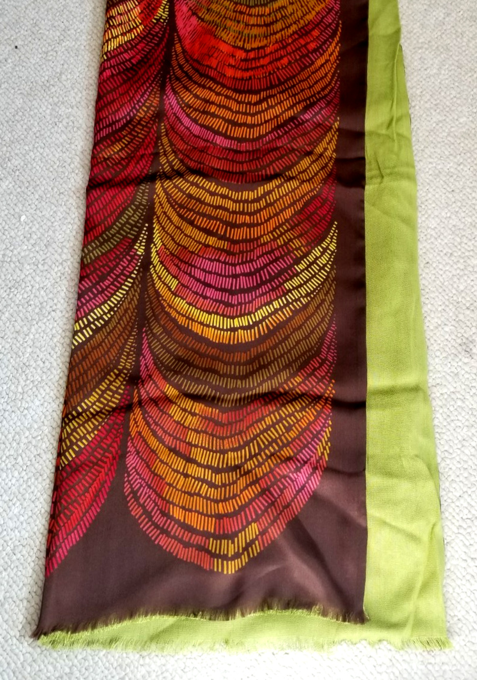 Womens Scarf-ECHO-brown/pink/green 100% silk abstract print reversible 72X25